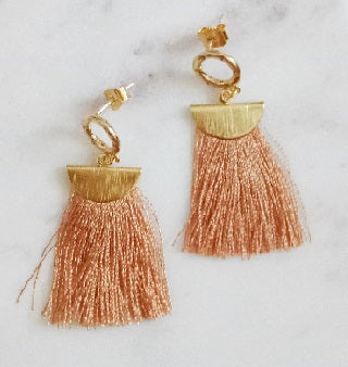 Curatelier Humility Round Crystal Half Moon Beige Silk Thread Tassel Earrings