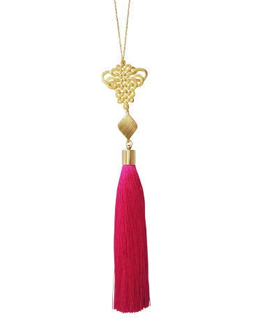 Curatelier Destiny Fuschia Art Silk Tassel Weaved Chinese Knot Long Gold Chain Necklace