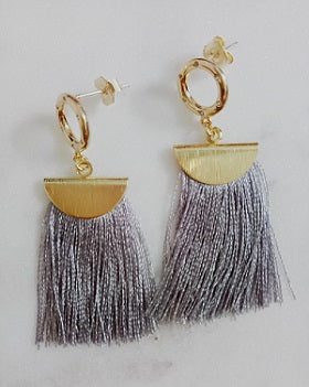 Curatelier Humility Round Crystal Half Moon Grey Silk Thread Tassel Earrings