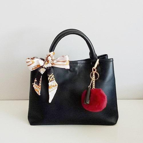 Velle Bella Rose Petite Black Cow Leather Tote Bag With Removable Adjustable Shoulder Strap With Gloria Keyring Bag Charm and Ribbon Scarf