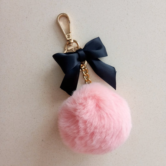 Curatelier Janessa Faux Fur Pink Pom Pom Powder Puff Ball With Black Satin Ribbon Key Ring Bag Charm