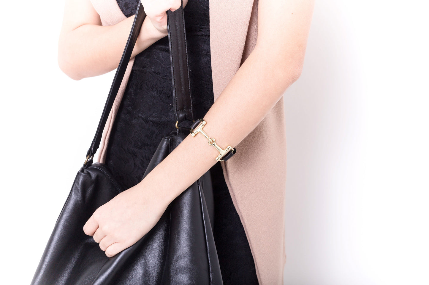 Ideana Equestrian Horse Bit Genuine Leather Bracelet in Black/Gold (Model View 2)