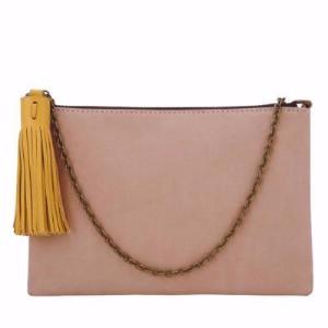Velle Arissa Mini Crossbody Tassel Chain Bag in Tan Nubuck Leather (Front View)