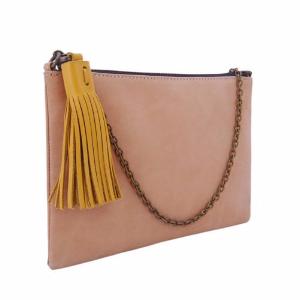 Velle Arissa Mini Crossbody Tassel Chain Bag in Tan Nubuck Leather (Side View)