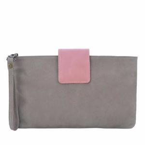 Velle Vanessa Slouchy Flap Wristlet Clutch in Nubuck Leather in Grey/Pink (Front View)