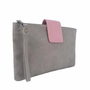 Velle Vanessa Slouchy Flap Wristlet Clutch in Nubuck Leather in Grey/Pink (Side View)