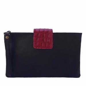 Velle Vanessa Slouchy Flap Wristlet Clutch in Cowhide Leather in Black/Red Crocodile Embossed (Front View)