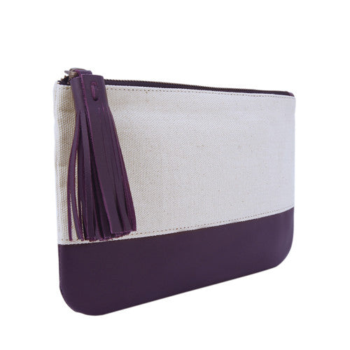 Velle Megan Canvas Leather Colour Block Multi-Purpose Tassel Pouch in Purple (Side View)