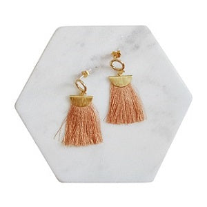 Curatelier Humility Round Crystal Half Moon Beige Silk Thread Tassel Earrings