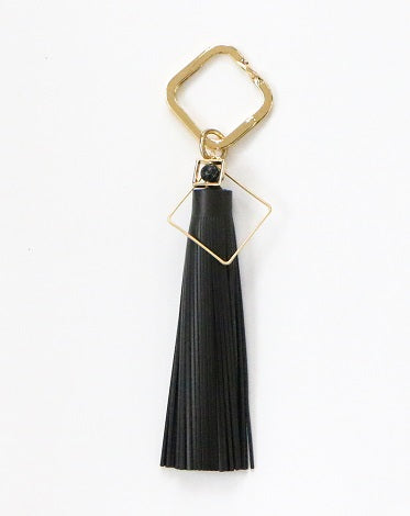 Curatelier Black Beauty Black Leather Tassel Gold Square Keyring