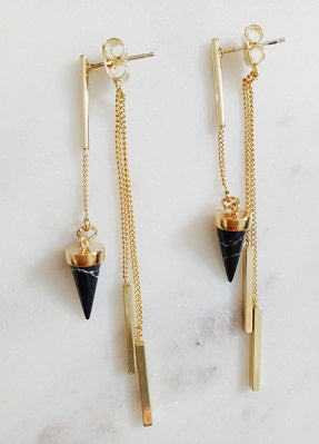 Curatelier Prudence Vertical Bar Black Marble Cone Dangle Chain Earrings