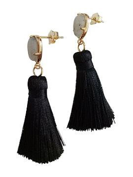 Curatelier Hope Labrodite Gemstone Black Silk Thread Petite Tassel Earrings