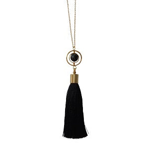 Curatelier Finesse Black Art Silk Tassel Marble Howlite Globe Pendant Long Gold Chain Necklace