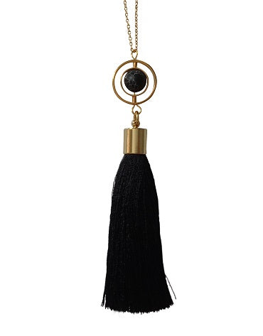 Curatelier Finesse Black Art Silk Tassel Marble Howlite Globe Pendant Long Gold Chain Necklace