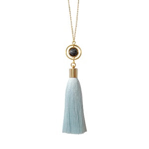 Curatelier Finesse Turquoise Art Silk Tassel Marble Howlite Globe Pendant Long Gold Chain Necklace