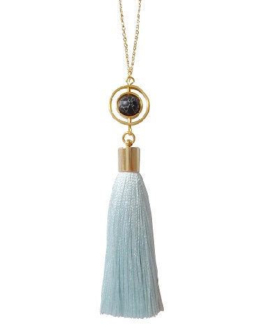 Curatelier Finesse Turquoise Art Silk Tassel Marble Howlite Globe Pendant Long Gold Chain Necklace