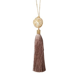 Curatelier Purity Light Brown Art Silk Tassel Wire Wrapped Pearl Long Gold Chain Necklace