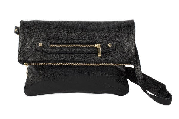 Velvet By Fridays On Curatelier Hayley Foldover Genuine Calf Leather Shoulder Bag in Black (Front View With Strap)