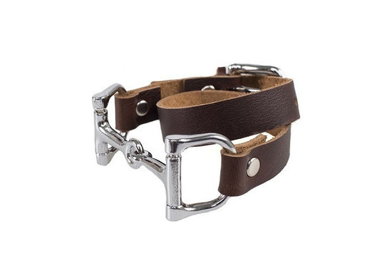 SIdeana Equestrian Horse Bit Genuine Leather Double Wrap Layer Bracelet in Dark Brown (Side View)