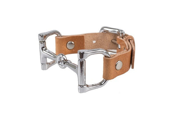 Ideana Equestrian Horse Bit Genuine Leather Bracelet in Tan/Silver (Side View)