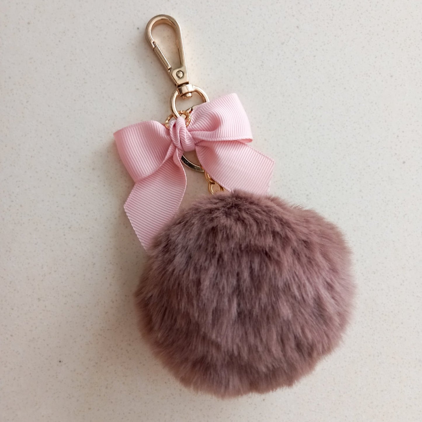 Curatelier Rian Faux Fur Khaki Pom Pom Powder Puff Ball With Pink Grosgrain Ribbon Key Ring Bag Charm