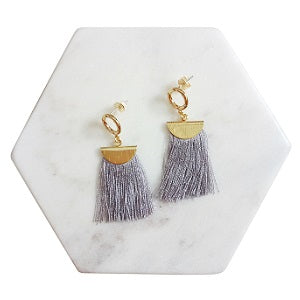 Curatelier Humility Round Crystal Half Moon Grey Silk Thread Tassel Earrings