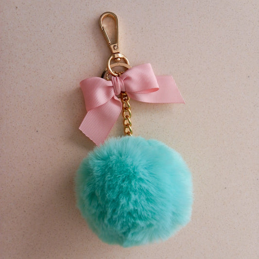 Curatelier Sharyl Faux Fur Mint Green Pom Pom Powder Puff Ball With Pink Grosgrain Ribbon Key Ring Bag Charm