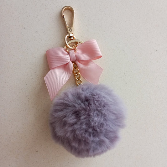 Curatelier Alyssa Faux Fur Grey Pom Pom Powder Puff Ball With Pink Grosgrain Ribbon Key Ring Bag Charm