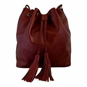 Velle Dahlia Medium Bucket Bag With Tassel Drawstring in Maroon Cow Leather (Front View)