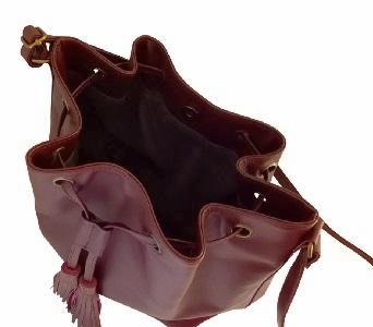 Velle Dahlia Medium Bucket Bag With Tassel Drawstring in Maroon Cow Leather (Interior View)