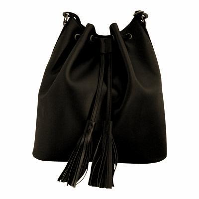 Velle Dahlia Medium Bucket Bag With Tassel Drawstring in Black Cow Leather (Front View)