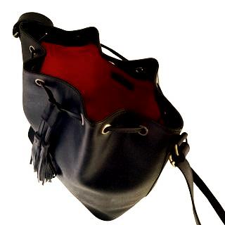 Velle Brooke Petite Bucket Bag With Tassel Drawstring in Black Cow Leather (Interior View)