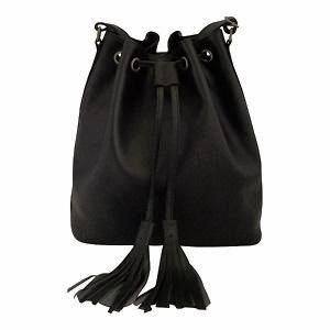 Velle Brooke Petite Bucket Bag With Tassel Drawstring in Black Cow Leather (Front View)