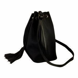 Velle Brooke Petite Bucket Bag With Tassel Drawstring in Black Cow Leather (Side View)