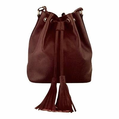 Velle Brooke Petite Bucket Bag With Tassel Drawstring in Maroon Cow Leather (Front View)