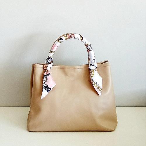 Velle Bella Rose Petite Beige Cow Leather Tote Bag With Removable Adjustable Shoulder Strap With Ribbon Scarf
