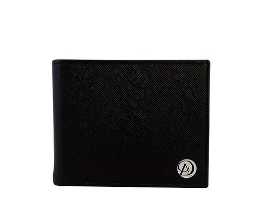 Curatelier Brooklyn Duo Texture Bifold Money Clip Wallet in Black Saffiano and Smooth Calf Leathers