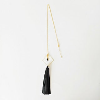 Curatelier Bonzer Black Leather Tassel Gold/Black Marble Hexagon Howlite Pendant Long Necklace