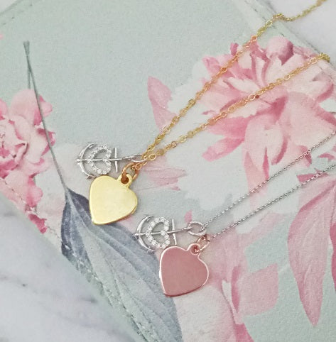 Curatelier Personalised Crystal Silver Heart Anchor Pendant Rose Gold Heart Charm (Silver Necklace) Flatlay