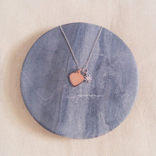 Curatelier Crystal Silver Snowflake Pendant Rose Gold Heart Charm (Silver Necklace)