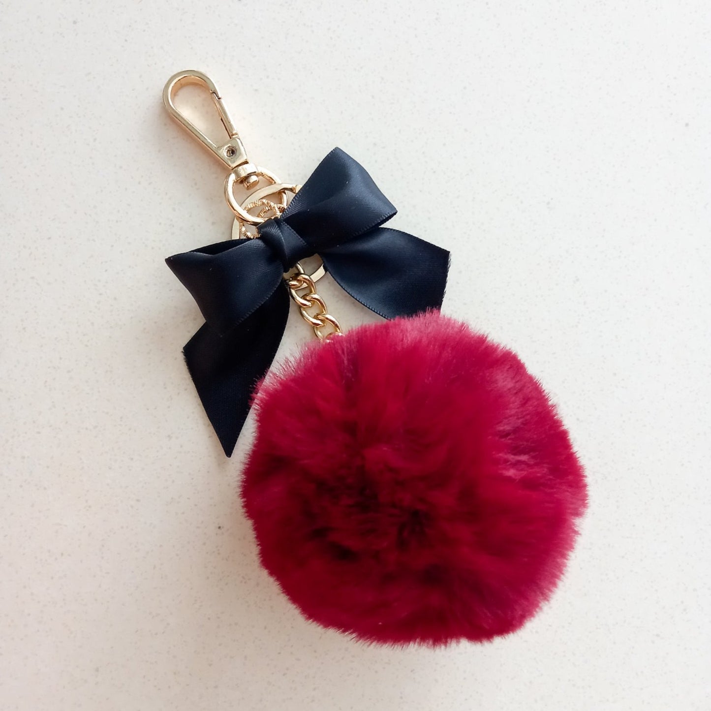 Curatelier Cassie Faux Fur Maroon Pom Pom Powder Puff Ball With Black Satin Ribbon Key Ring Bag Charm
