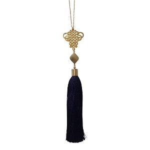 Curatelier Destiny Navy Art Silk Tassel Weaved Chinese Knot Long Gold Chain Necklace