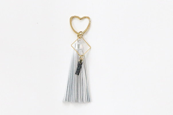 Curatelier Opulence Silver Leather Tassel Gold Heart Keyring