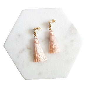 Curatelier Hope White Howlite Gemstone Pink Silk Thread Petite Tassel Earrings
