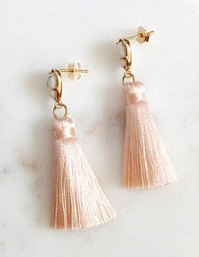 Curatelier Hope White Howlite Gemstone Pink Silk Thread Petite Tassel Earrings