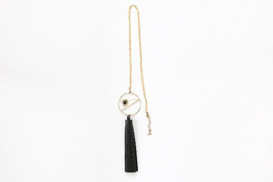 Curatelier Serendipity Black Leather Tassel Marble Howlite Pendant Long Gold Chain Necklace