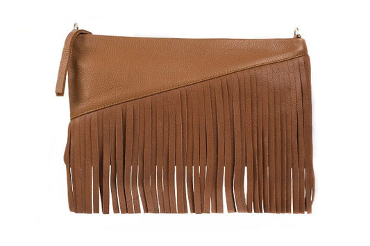 Velvet By Fridays On Curatelier Danielle Tassel Fringe Calf Leather Shoulder Bag in Tan (Front View Without Strap)