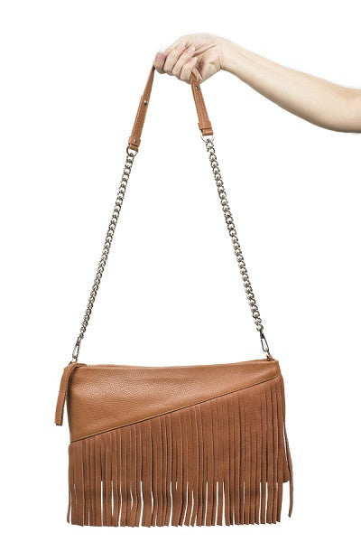 Velvet By Fridays On Curatelier Danielle Tassel Fringe Calf Leather Shoulder Bag in Tan (Front View With Strap)