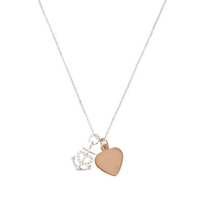 Curatelier Personalised Crystal Silver Heart Anchor Pendant Rose Gold Heart Charm (Silver Necklace)